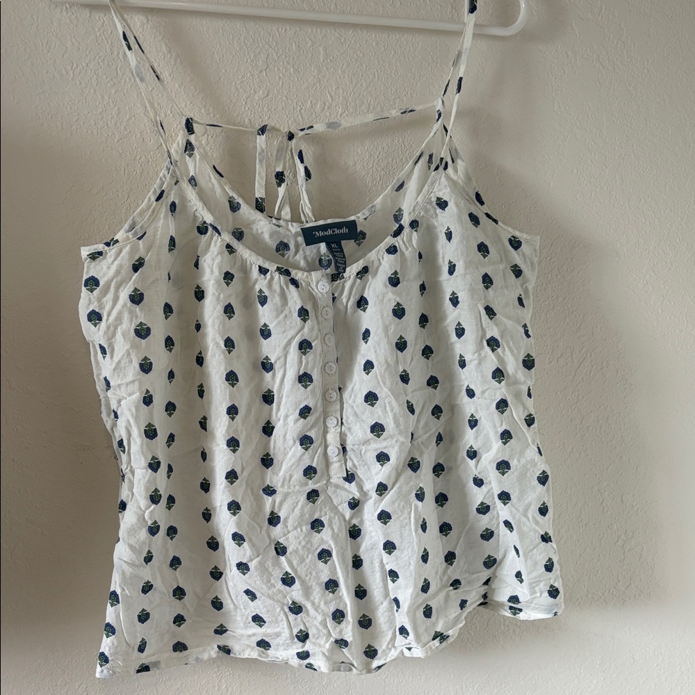 ModCloth White Camisole with Navy and Green Spot Print